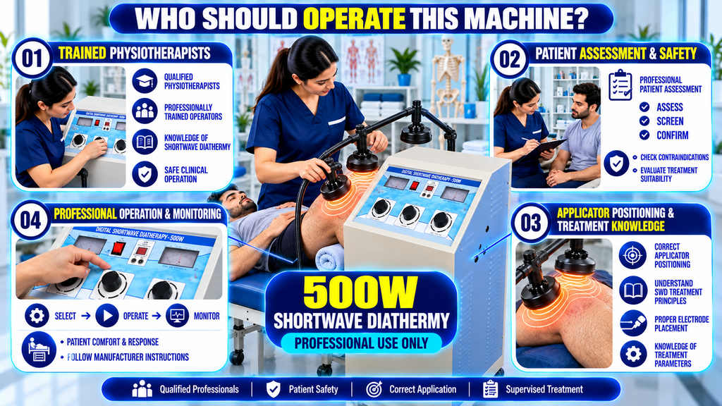 500W Shortwave Diathermy Physiotherapy Machine Who should operate a 500W shortwave diathermy machine, showing trained physiotherapists, patient assessment, applicator positioning, treatment knowledge, and professional monitoring.