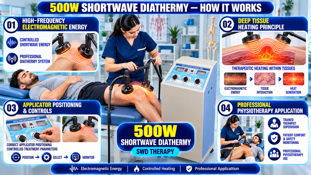 500W Shortwave Diathermy Physiotherapy Machine 500W shortwave diathermy physiotherapy machine demonstrating high-frequency electromagnetic energy, deep tissue heating, applicator positioning, and controlled treatment settings.
