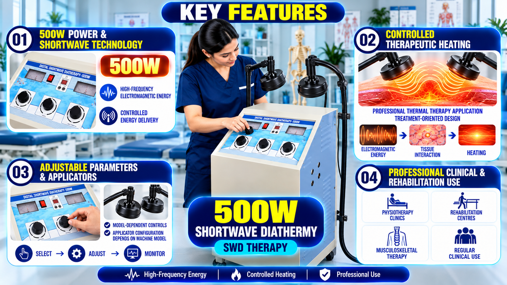 500W Shortwave Diathermy Physiotherapy Machine 500W shortwave diathermy physiotherapy machine with high-frequency electromagnetic energy, controlled heating, adjustable parameters, applicator configuration, and clinical treatment controls.