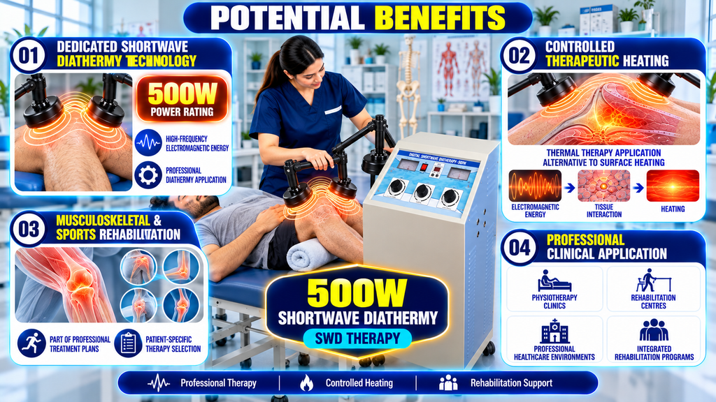 500W Shortwave Diathermy Physiotherapy Machine 500W shortwave diathermy physiotherapy machine showing controlled therapeutic heating, shortwave technology, musculoskeletal rehabilitation applications, and professional clinical use.