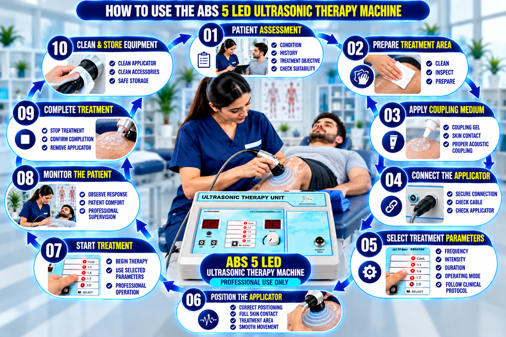 ABS 5 LED Ultrasonic Therapy Machine ABS 5 LED ultrasonic therapy machine usage guide showing patient assessment, treatment-area preparation, coupling gel application, applicator connection and positioning, parameter selection, treatment, patient monitoring, and equipment cleaning.