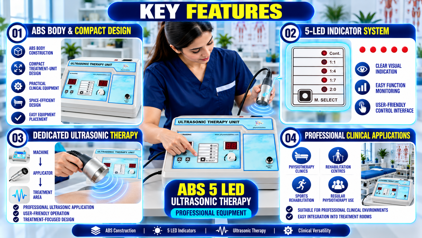 ABS 5 LED Ultrasonic Therapy Machine ABS 5 LED ultrasonic therapy machine featuring compact ABS construction, 5-LED indicator system, dedicated ultrasonic applicator, adjustable controls, and professional clinical application.