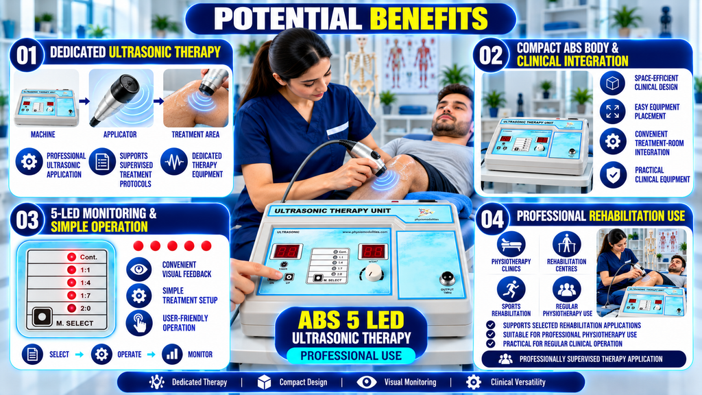 ABS 5 LED Ultrasonic Therapy Machine ABS 5 LED ultrasonic therapy machine showing dedicated ultrasonic therapy, compact ABS body, 5-LED monitoring, simple operation, and professional rehabilitation applications.