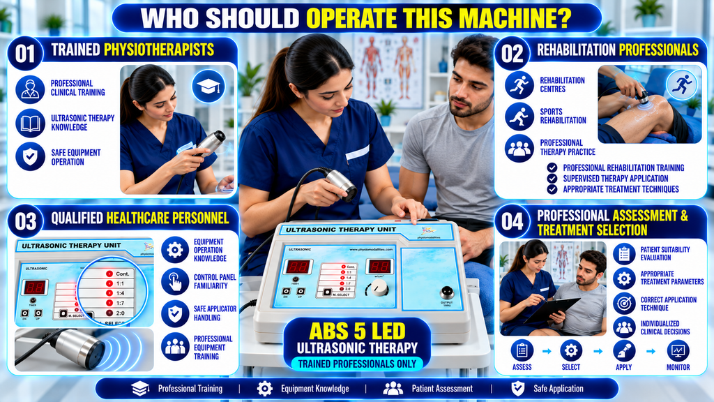 ABS 5 LED Ultrasonic Therapy Machine ABS 5 LED ultrasonic therapy machine operated by trained physiotherapists and rehabilitation professionals, featuring professional assessment, treatment selection, applicator handling, and safe application.