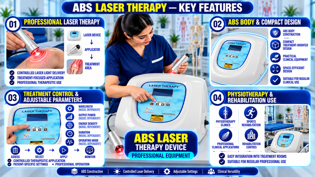 ABS laser therapy device showing professional laser therapy, compact ABS body, adjustable treatment parameters, and physiotherapy rehabilitation applications.