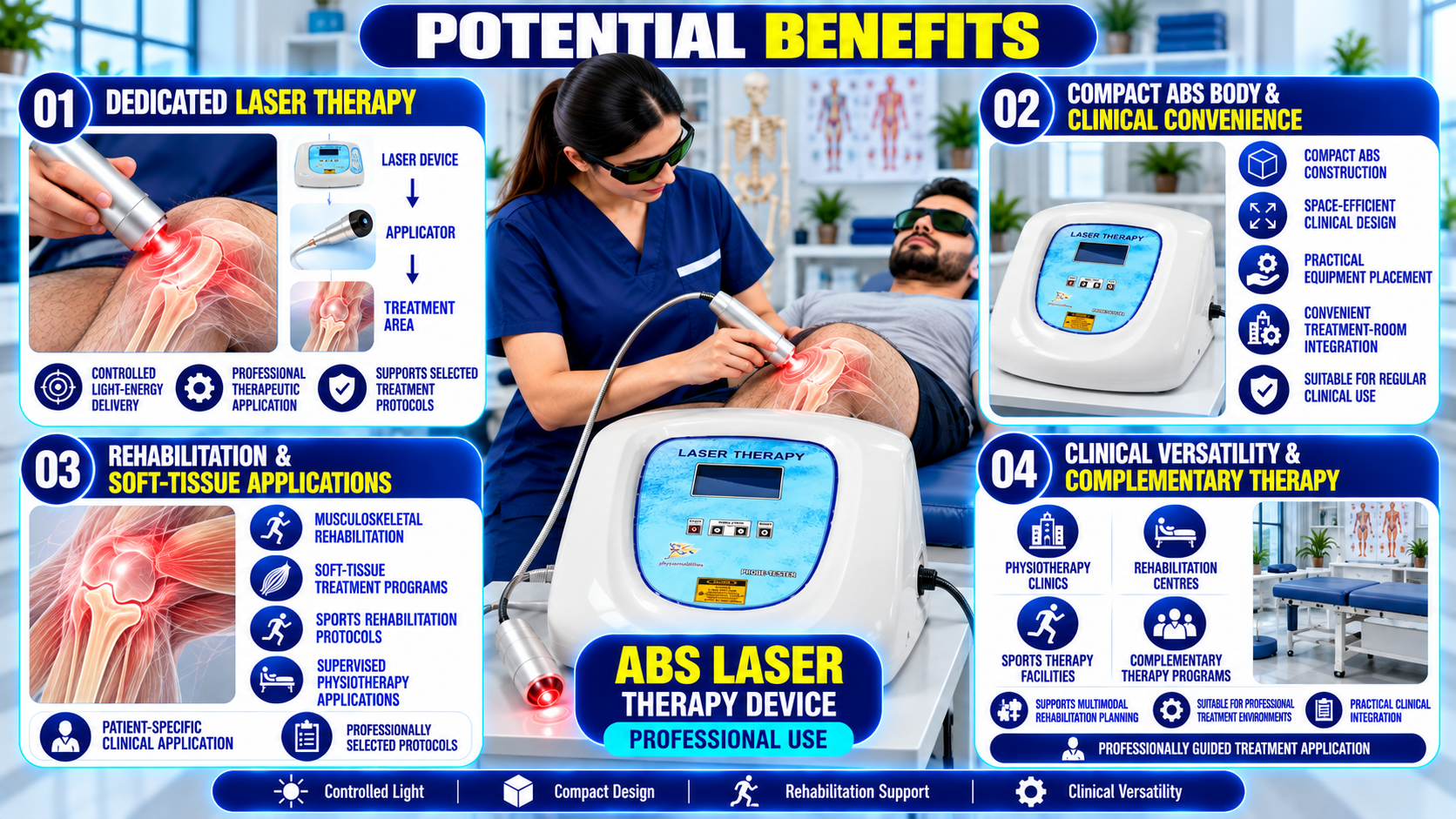 ABS laser therapy device showing potential benefits including dedicated laser therapy, compact ABS construction, rehabilitation applications, and clinical treatment integration.