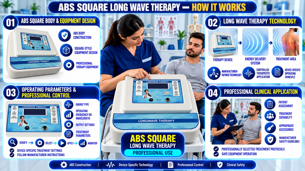 ABS Square Long Wave Therapy Machine infographic explaining long wave therapy technology, ABS body design, operating parameters, adjustable controls, and professional clinical application.