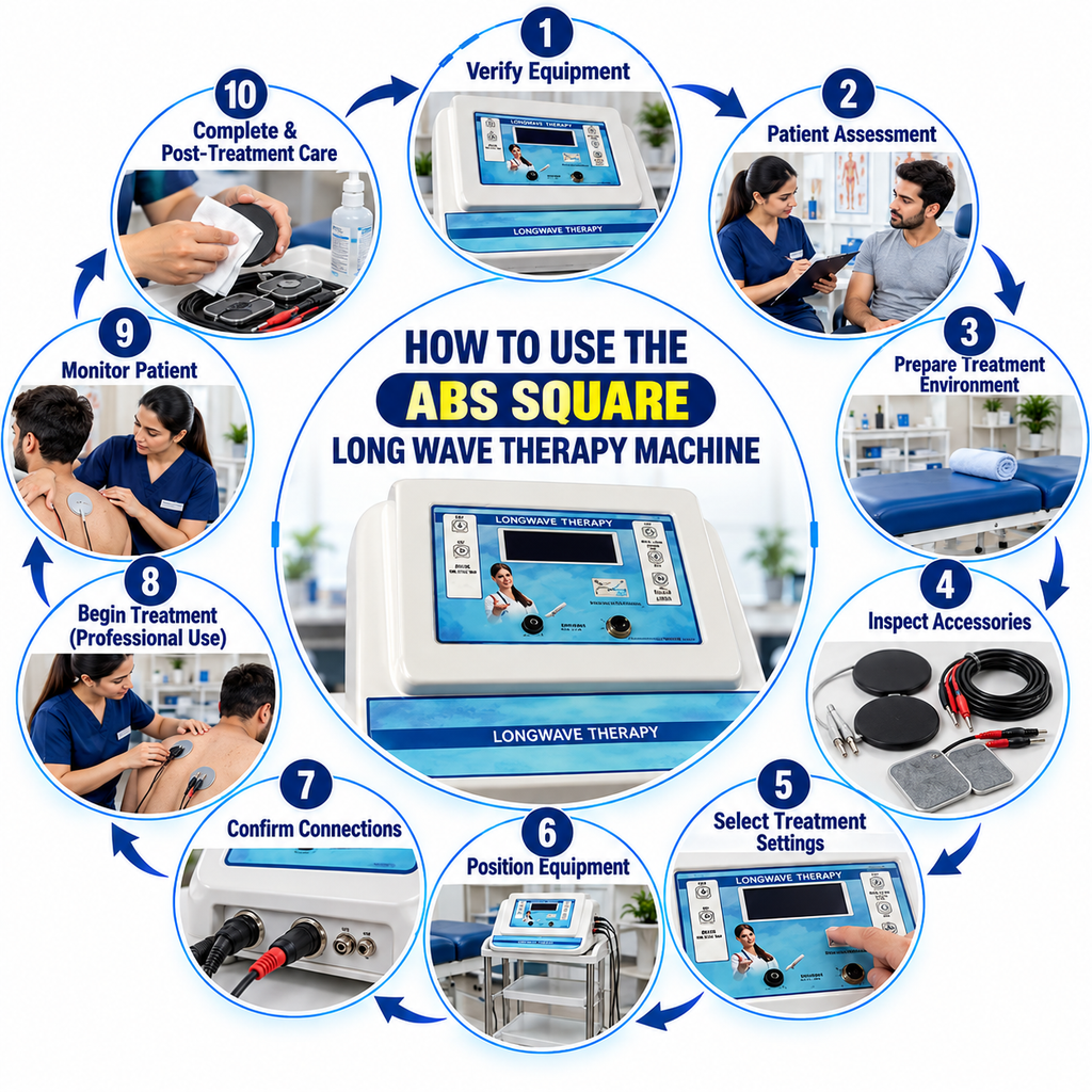 ABS Square Long Wave Therapy Machine how-to-use infographic illustrating 10 steps, including equipment inspection, patient assessment, treatment area preparation, accessory checks, treatment setting selection, equipment positioning, connection verification, professional treatment application, patient monitoring, and post-treatment care.
