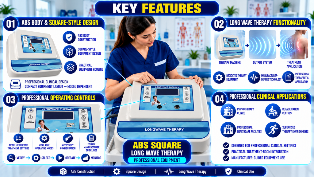 ABS Square Long Wave Therapy Machine key features infographic showing its compact ABS body, square-style design, long wave therapy functionality, operating controls, and professional physiotherapy applications.