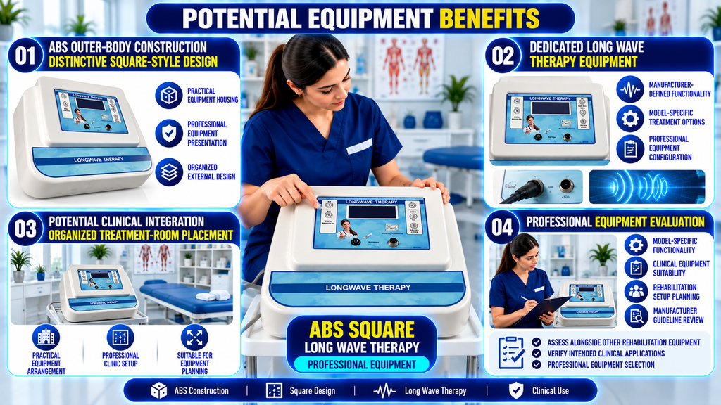 ABS Square Long Wave Therapy Machine potential equipment benefits infographic highlighting ABS body construction, square-style design, dedicated long wave therapy functionality, clinic integration, and professional equipment evaluation.