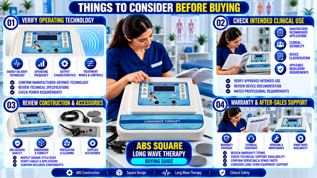 ABS Square Long Wave Therapy Machine buying guide infographic highlighting operating technology, technical specifications, clinical suitability, ABS body construction, accessories, warranty coverage, and after-sales support.