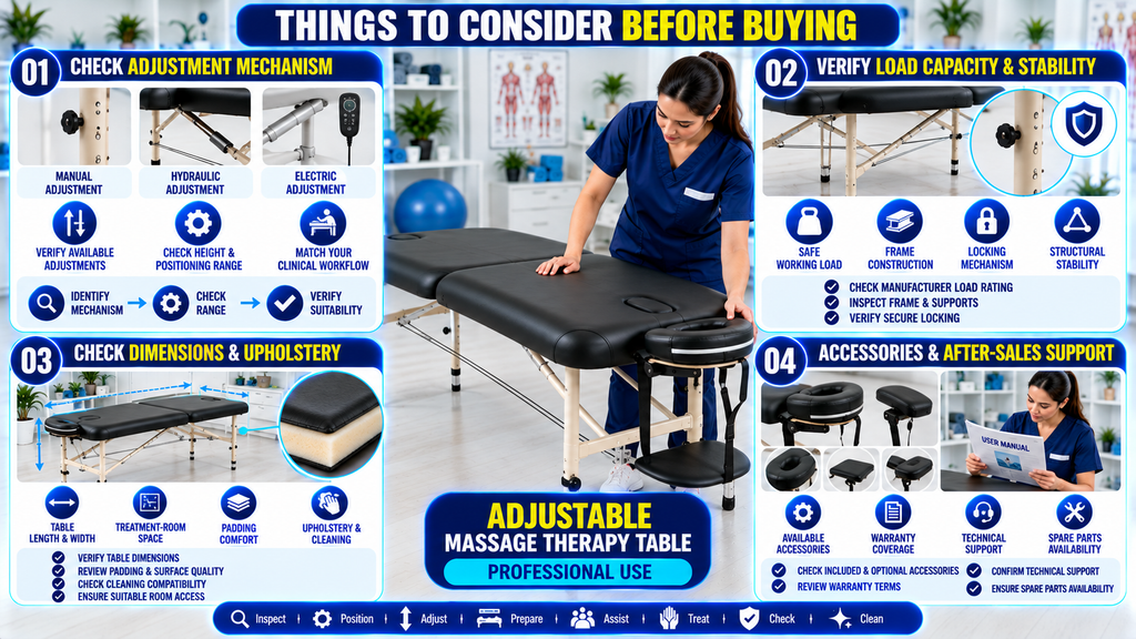 Things to consider before buying an adjustable massage therapy table, including adjustment mechanisms, load capacity, frame stability, table dimensions, padded upholstery, accessories, warranty, and after-sales support.