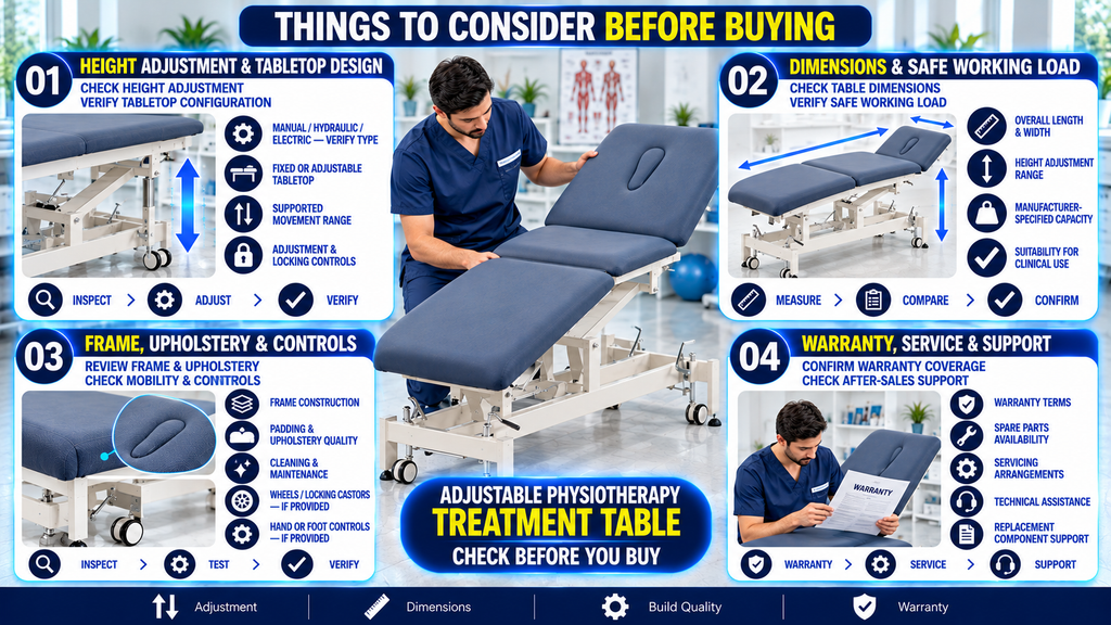 Things to consider before buying an adjustable physiotherapy treatment table, including height adjustment, tabletop design, dimensions, safe working load, frame construction, upholstery quality, controls, warranty, and after-sales support.