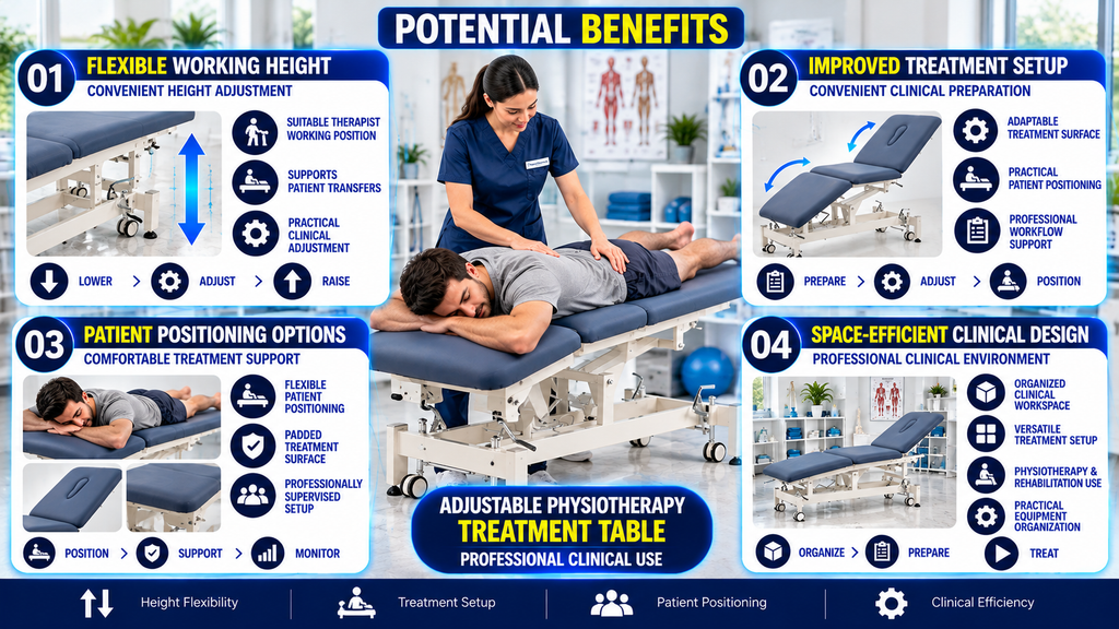 Potential benefits of an adjustable physiotherapy treatment table, including flexible height adjustment, an adjustable backrest, comfortable patient positioning, improved treatment setup, and space-efficient clinical design.