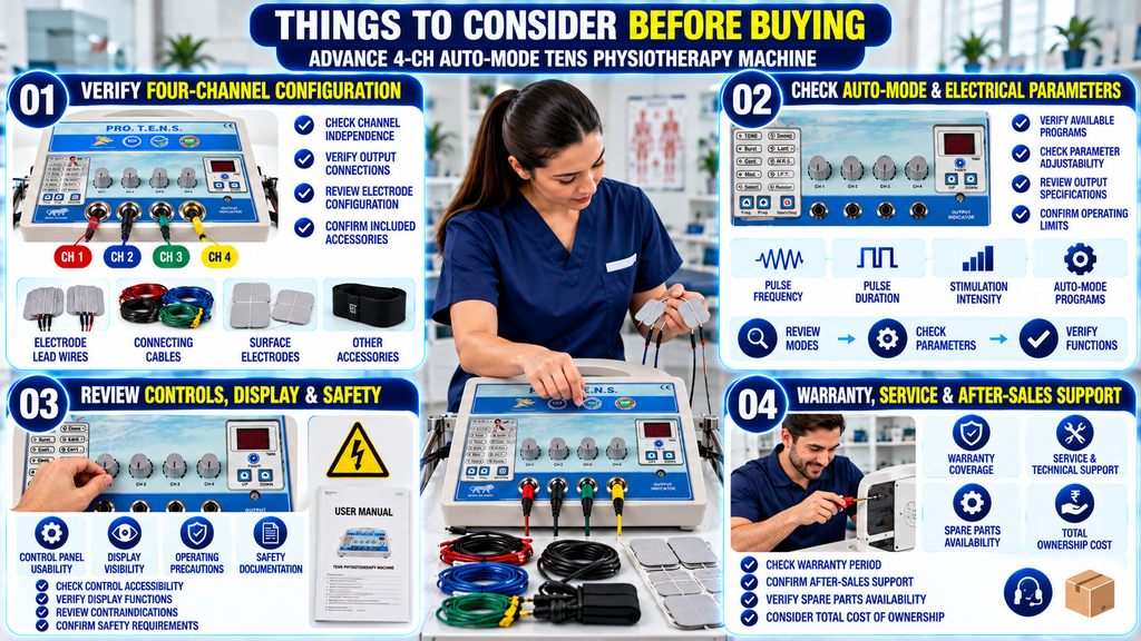 Advance 4-Channel Auto-Mode TENS Physiotherapy Machine buying guide infographic highlighting four-channel configuration, electrode accessories, adjustable stimulation parameters, control panel safety, warranty coverage, technical support, and spare parts availability.