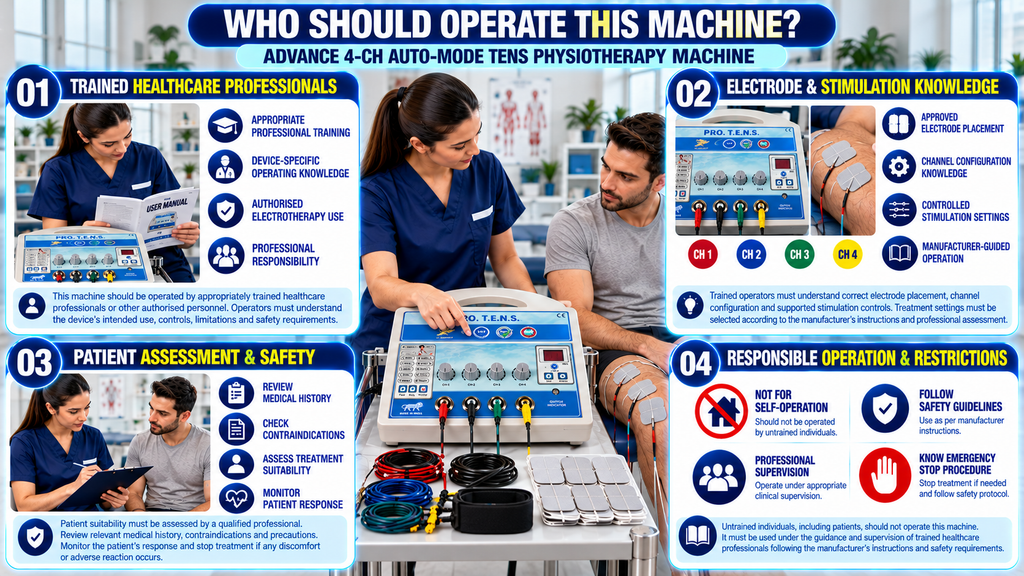 Advance 4-Channel Auto-Mode TENS Physiotherapy Machine infographic explaining who should operate the device, including trained healthcare professionals, electrode placement knowledge, patient assessment, stimulation control, safety precautions, and professional supervision.