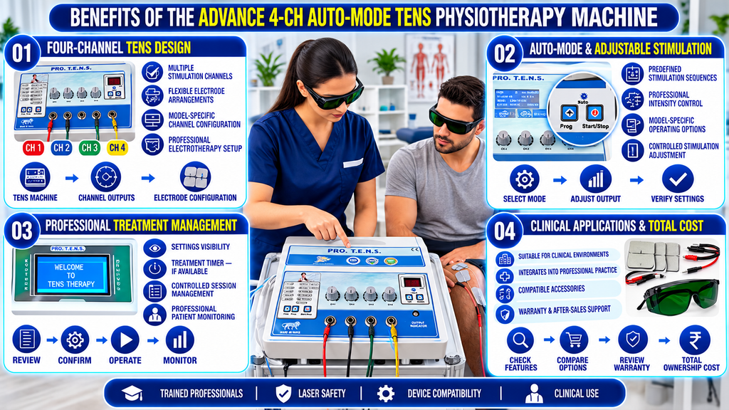 Advance 4-Channel Auto-Mode TENS Physiotherapy Machine benefits infographic featuring four stimulation channels, adjustable intensity controls, preset stimulation modes, treatment monitoring, electrode accessories, laser safety eyewear, and professional clinical applications.