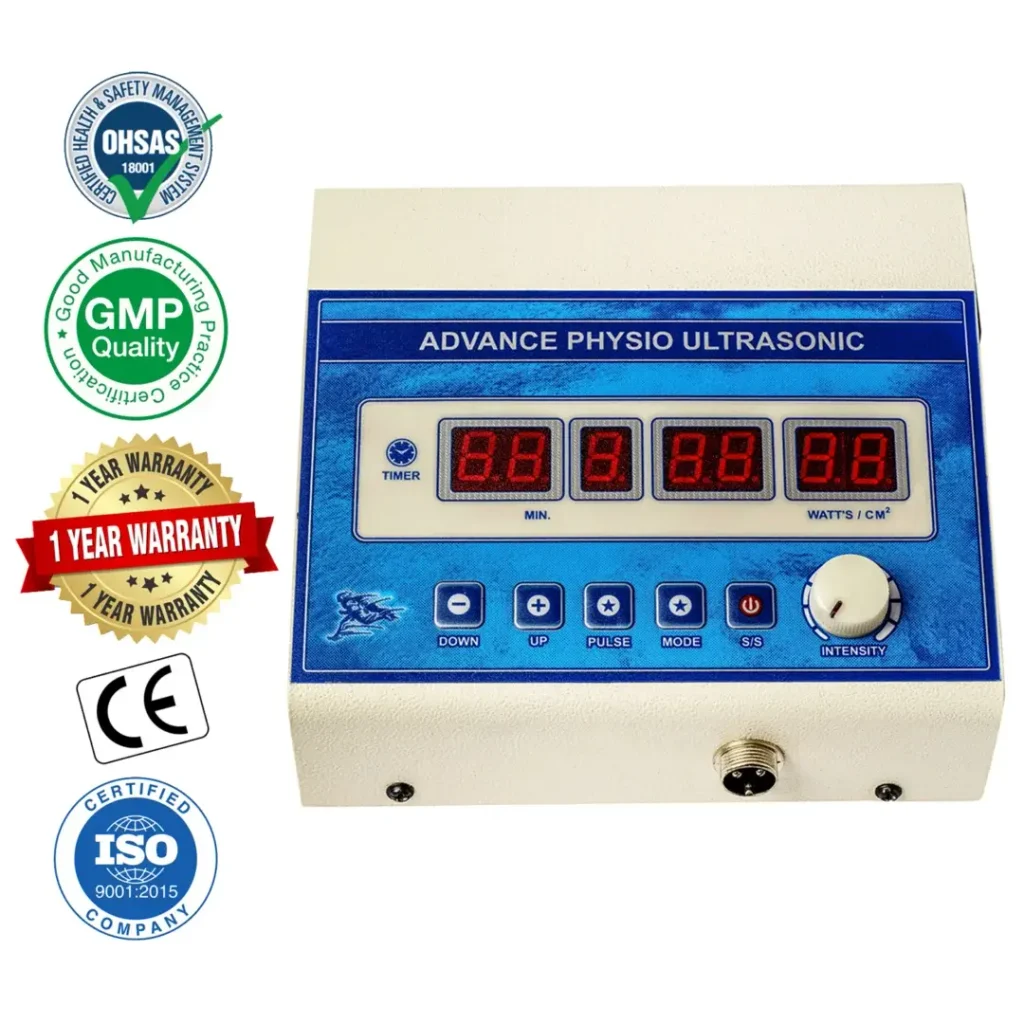 Advance Physio Ultrasonic Therapy Machine with digital timer display, adjustable intensity control, pulse and mode selection buttons, and ultrasonic output connection for professional physiotherapy use.
