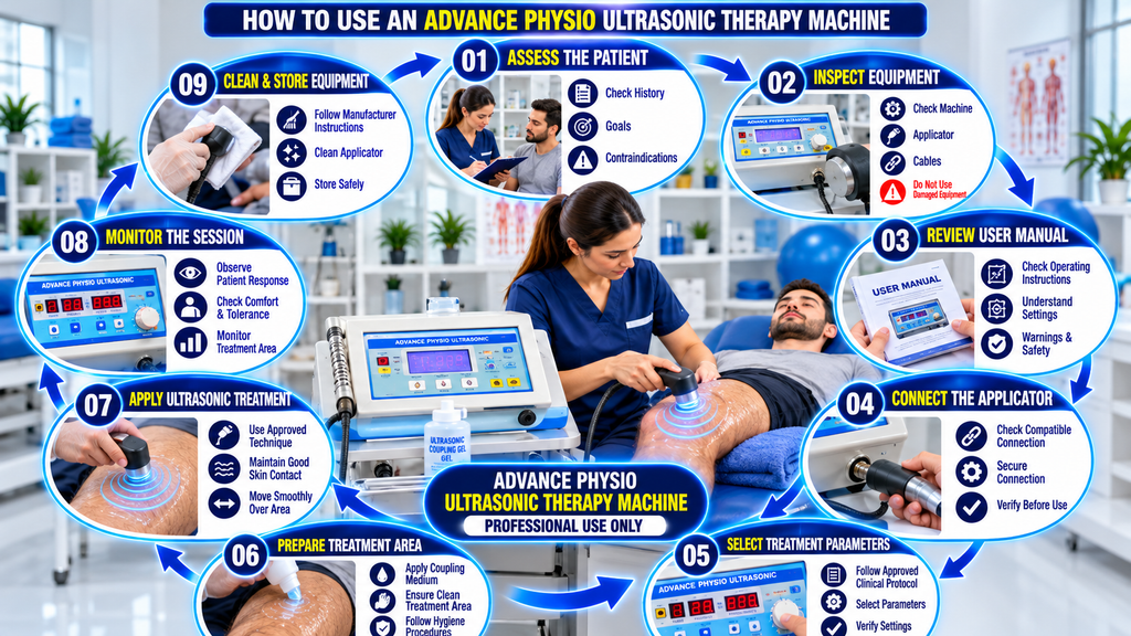 Advance Physio Ultrasonic Therapy Machine infographic showing the step-by-step usage process, including patient assessment, equipment inspection, user manual review, applicator connection, treatment parameter selection, application of coupling gel, ultrasonic treatment, session monitoring, and equipment cleaning.