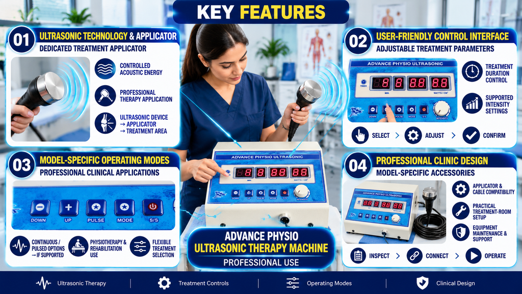 Advance Physio Ultrasonic Therapy Machine featuring a digital LED display, adjustable intensity control, timer settings, pulse and mode selection buttons, and a dedicated ultrasonic applicator for professional physiotherapy use.