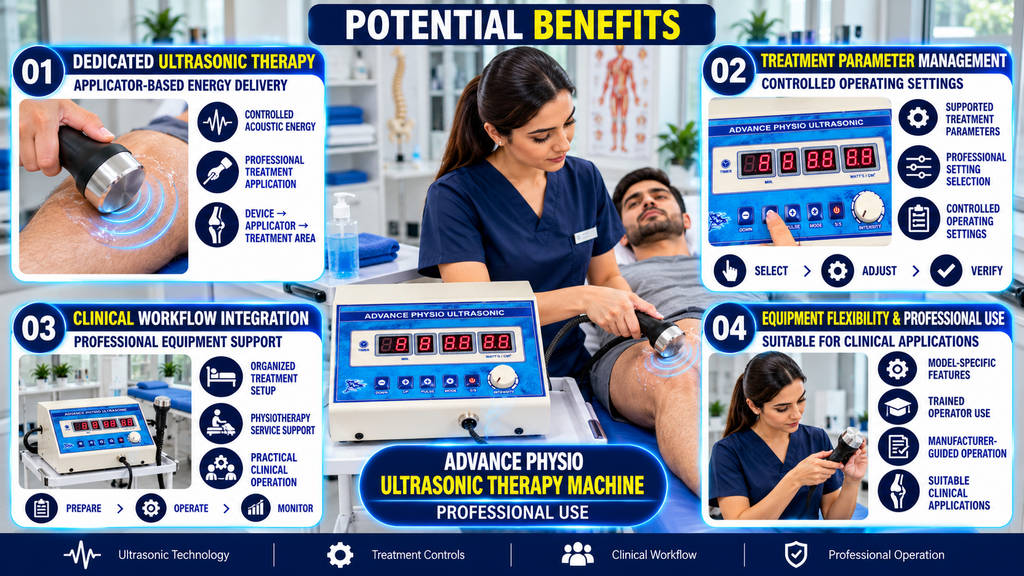 Advance Physio Ultrasonic Therapy Machine infographic highlighting potential benefits, including a dedicated ultrasonic applicator, adjustable treatment parameters, digital controls, clinical workflow integration, and professional physiotherapy use.