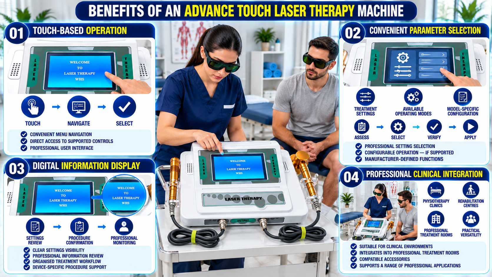 Benefits of an Advance Touch Laser Therapy Machine infographic highlighting touchscreen operation, convenient treatment parameter selection, digital information display, and professional clinical integration.