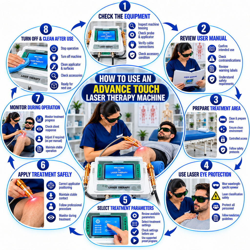 How to use an Advance Touch Laser Therapy Machine infographic showing eight steps: equipment inspection, user manual review, treatment area preparation, laser eye protection, treatment parameter selection, safe treatment application, patient monitoring, and post-treatment cleaning.
