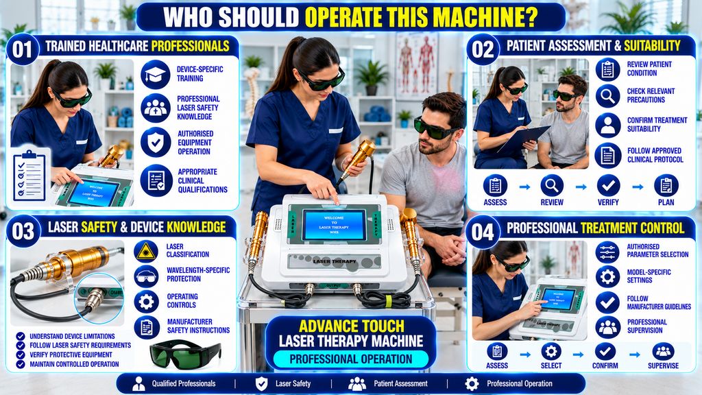 Who should operate an Advance Touch Laser Therapy Machine infographic highlighting trained healthcare professionals, patient assessment, laser safety knowledge, wavelength-specific protective eyewear, and professional treatment control.
