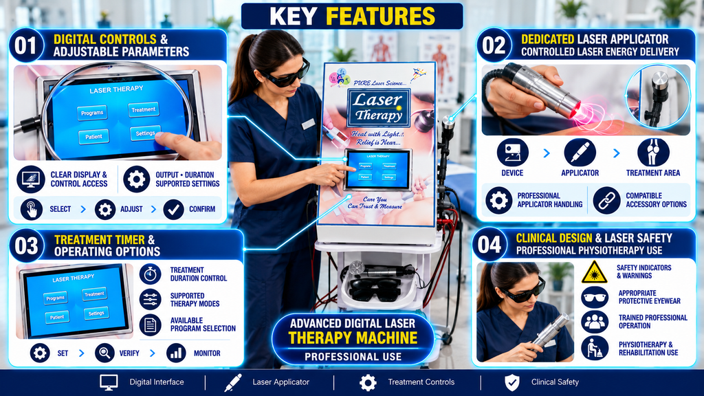 Advanced Digital Laser Therapy Machine Advanced digital laser therapy machine with touchscreen controls, dedicated laser applicator, treatment timer, program selection, adjustable settings, and protective eyewear for professional physiotherapy use.
