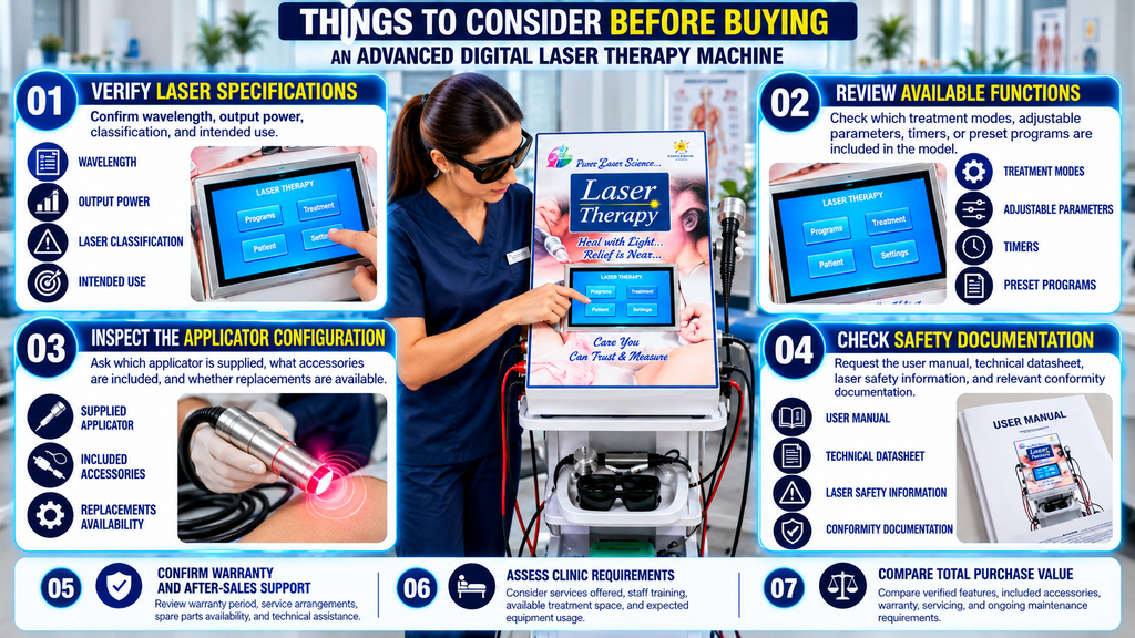 Advanced Digital Laser Therapy Machine Things to consider before buying an advanced digital laser therapy machine, including laser specifications, treatment modes, adjustable parameters, applicator configuration, safety documentation, warranty, after-sales support, and clinic requirements.