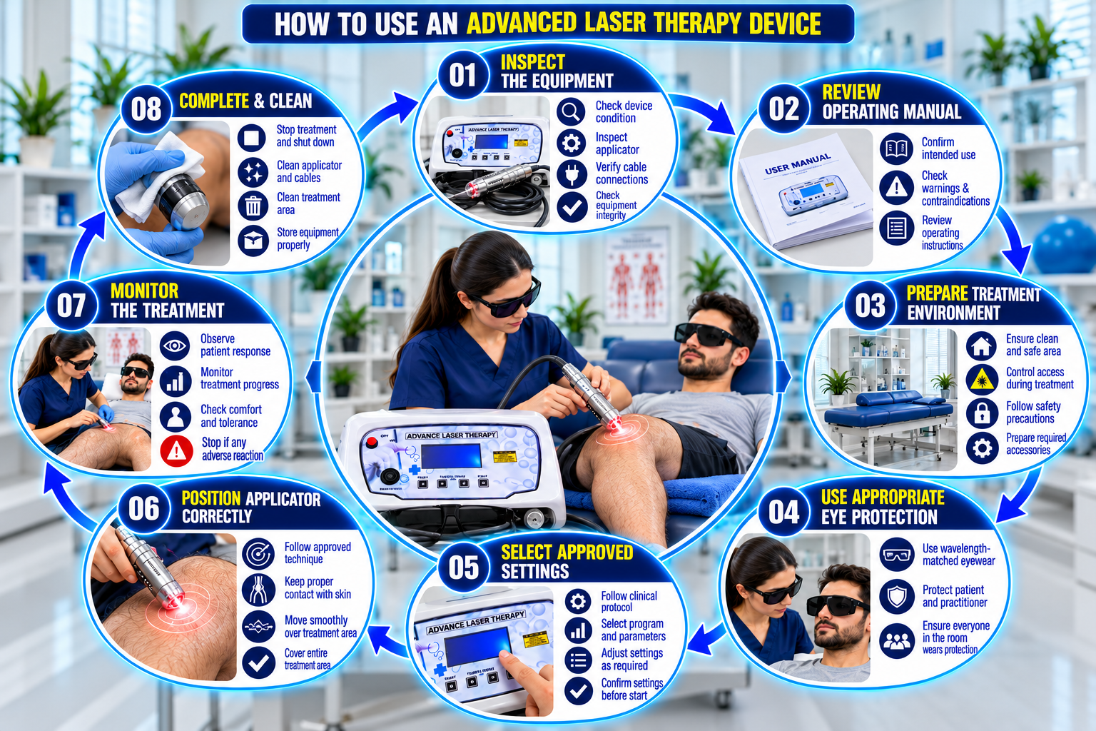 Advanced Laser Therapy Device How to use an advanced laser therapy device infographic showing eight steps, including equipment inspection, user manual review, treatment area preparation, protective eyewear, approved setting selection, applicator positioning, treatment monitoring, and equipment cleaning.