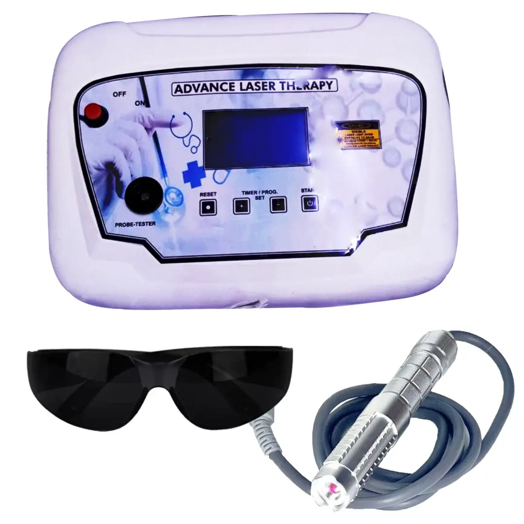 Advanced Laser Therapy Device Advanced Laser Therapy Machine with digital control panel, LCD display, probe tester, laser therapy handpiece with connecting cable, and protective laser safety glasses.