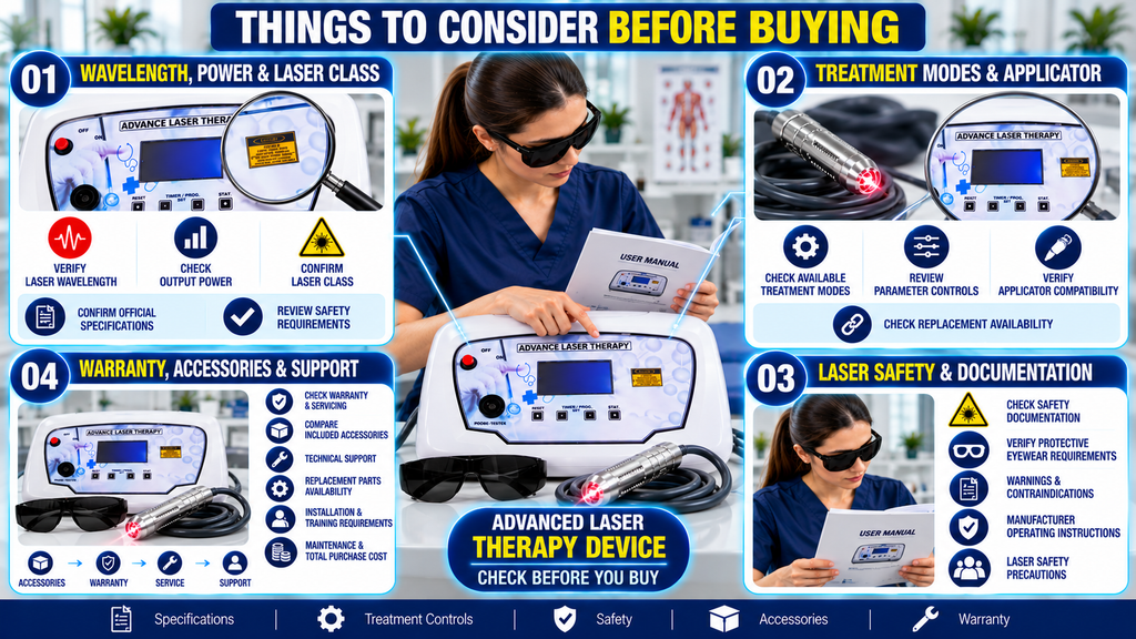 Advanced Laser Therapy Device Advanced laser therapy machine buying guide infographic covering laser wavelength, output power, laser class, treatment modes, applicator compatibility, safety documentation, protective eyewear, warranty, accessories, servicing, and technical support.
