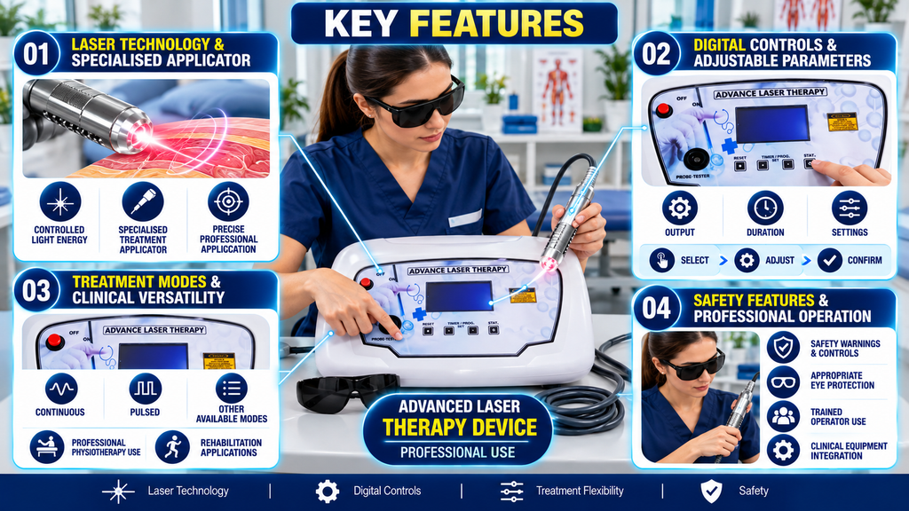 Advanced Laser Therapy Device Key features of an advanced laser therapy machine, highlighting the specialised laser applicator, digital control panel, adjustable treatment parameters, continuous and pulsed modes, clinical applications, and laser safety features.