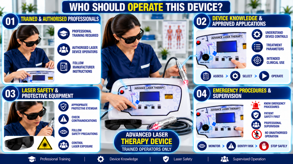 Advanced Laser Therapy Device Who should operate an advanced laser therapy machine infographic highlighting professional training, authorised operation, device controls, treatment parameters, protective eyewear, laser safety precautions, emergency procedures, and professional supervision.