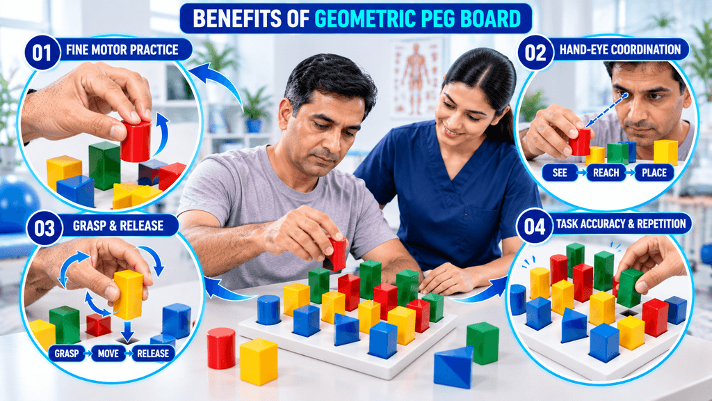 Geometric Peg Board Benefits of Geometric Peg Board exercise including fine motor practice, hand-eye coordination, grasp and release training, and task accuracy through repetitive hand exercises.