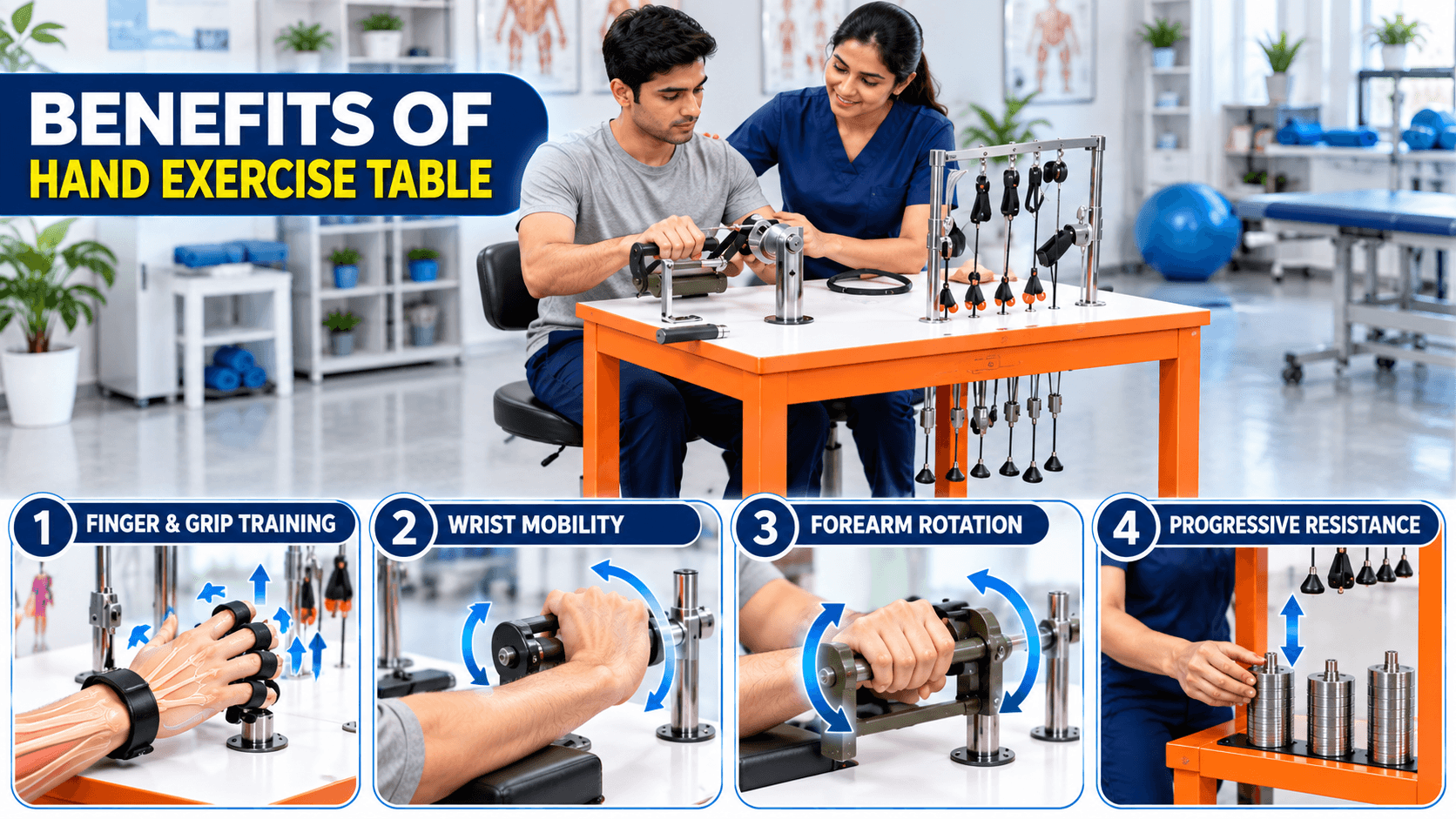 Hand Exercise Table Hand Exercise Table used in a physiotherapy clinic for hand and upper-limb rehabilitation, demonstrating finger and grip training, wrist mobility, forearm rotation, and progressive resistance exercises.