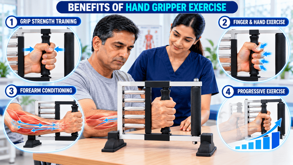 Hand Gripper Exercise Infographic showing the benefits of hand gripper exercise, including grip strength training, finger and hand exercise, forearm conditioning, and progressive resistance exercise.