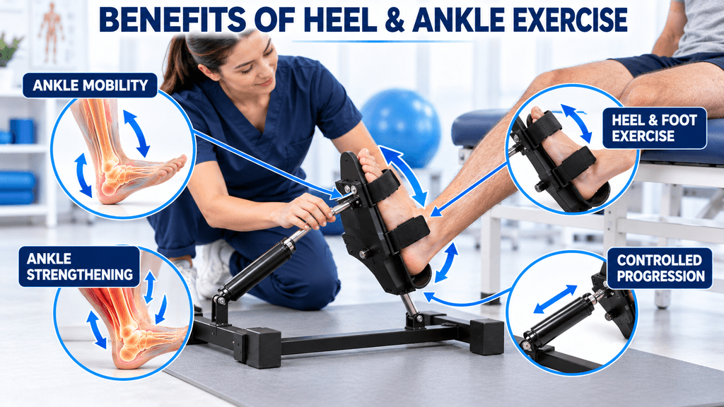 Infographic showing the benefits of heel and ankle exercise, including ankle mobility, ankle strengthening, heel and foot exercise, and controlled progression using a rehabilitation exercise machine.