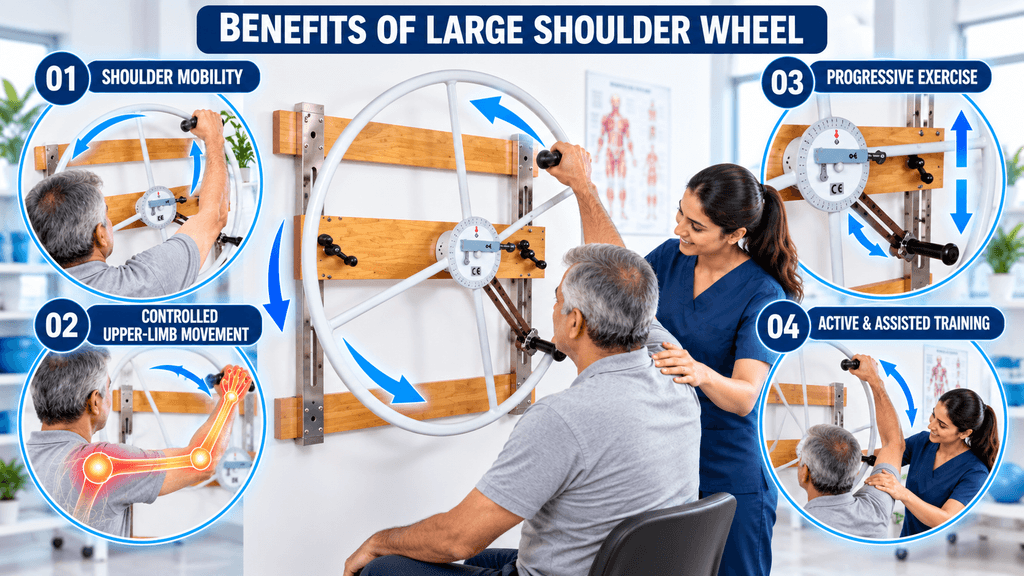 Large Shoulder Wheel Large wall-mounted shoulder wheel used by a patient under physiotherapist supervision, demonstrating shoulder mobility, controlled upper-limb movement, progressive exercise, and active-assisted training.