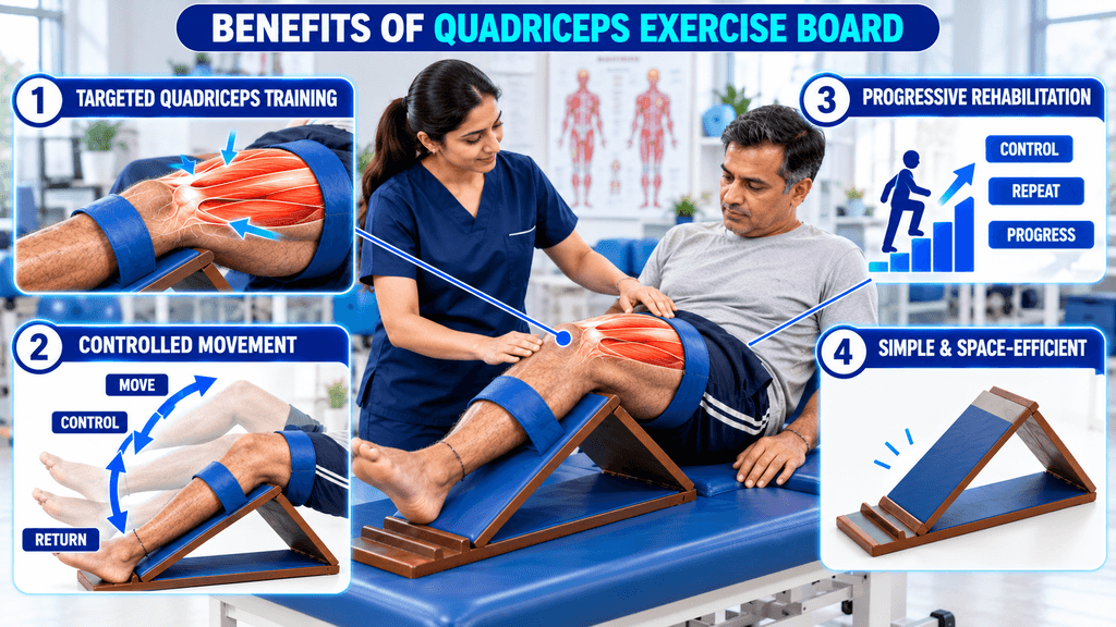Quadriceps exercise board used for targeted quadriceps training, controlled knee movement and progressive rehabilitation with physiotherapist supervision.
