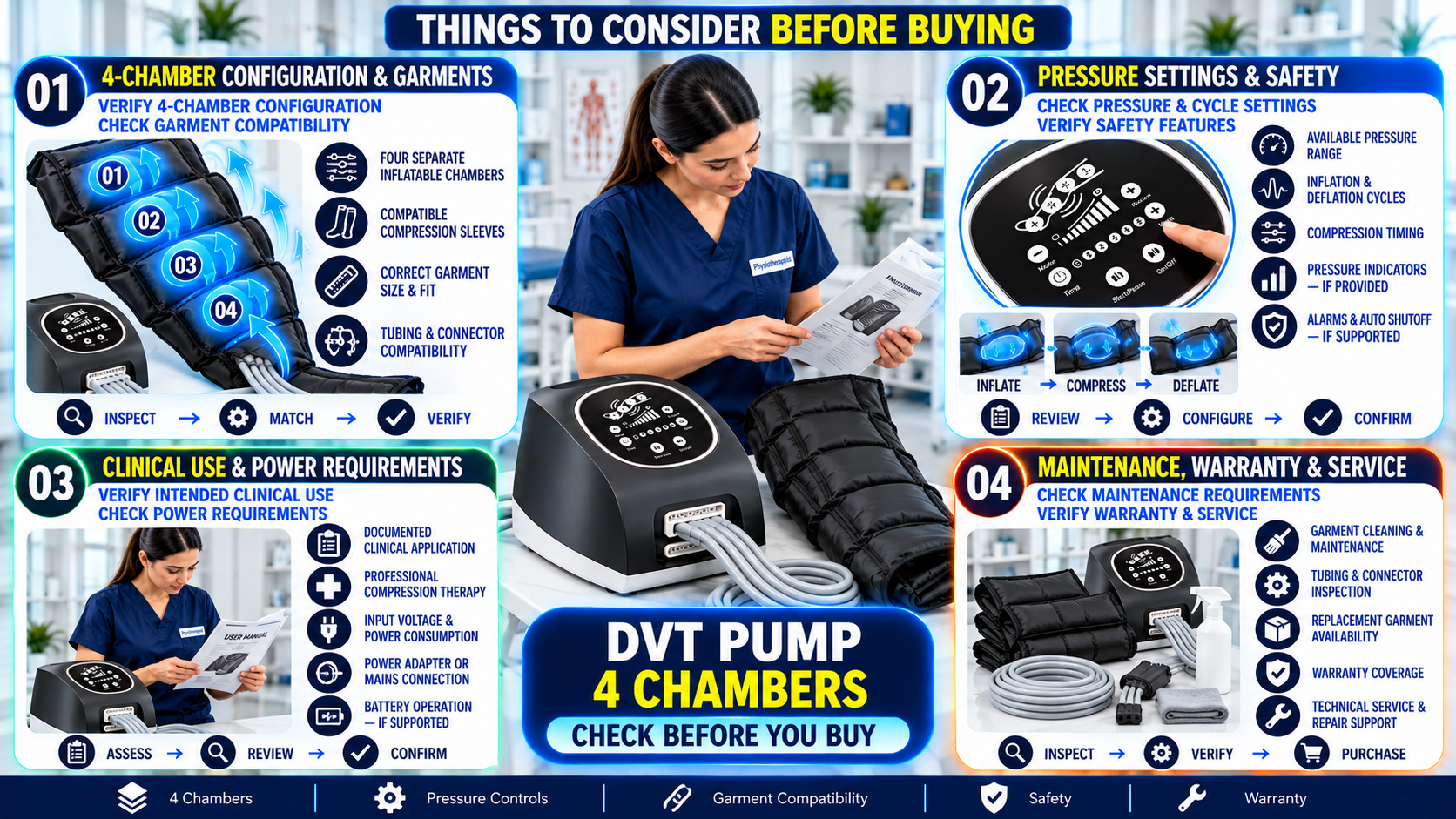 DVT Pump 4 Chambers Compression Therapy Device DVT Pump 4-Chamber Compression Therapy Device – things to consider before buying, including four-chamber configuration, compression garment compatibility, pressure settings, safety features, power requirements, maintenance, warranty, and service support.