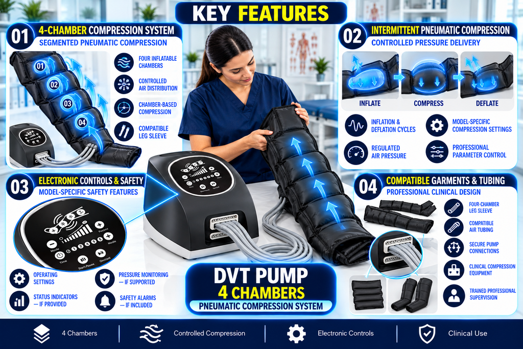DVT Pump 4 Chambers Compression Therapy Device DVT Pump 4-Chamber Pneumatic Compression Therapy Device with inflatable leg sleeves, sequential air compression chambers, electronic control panel, and connecting air tubes.