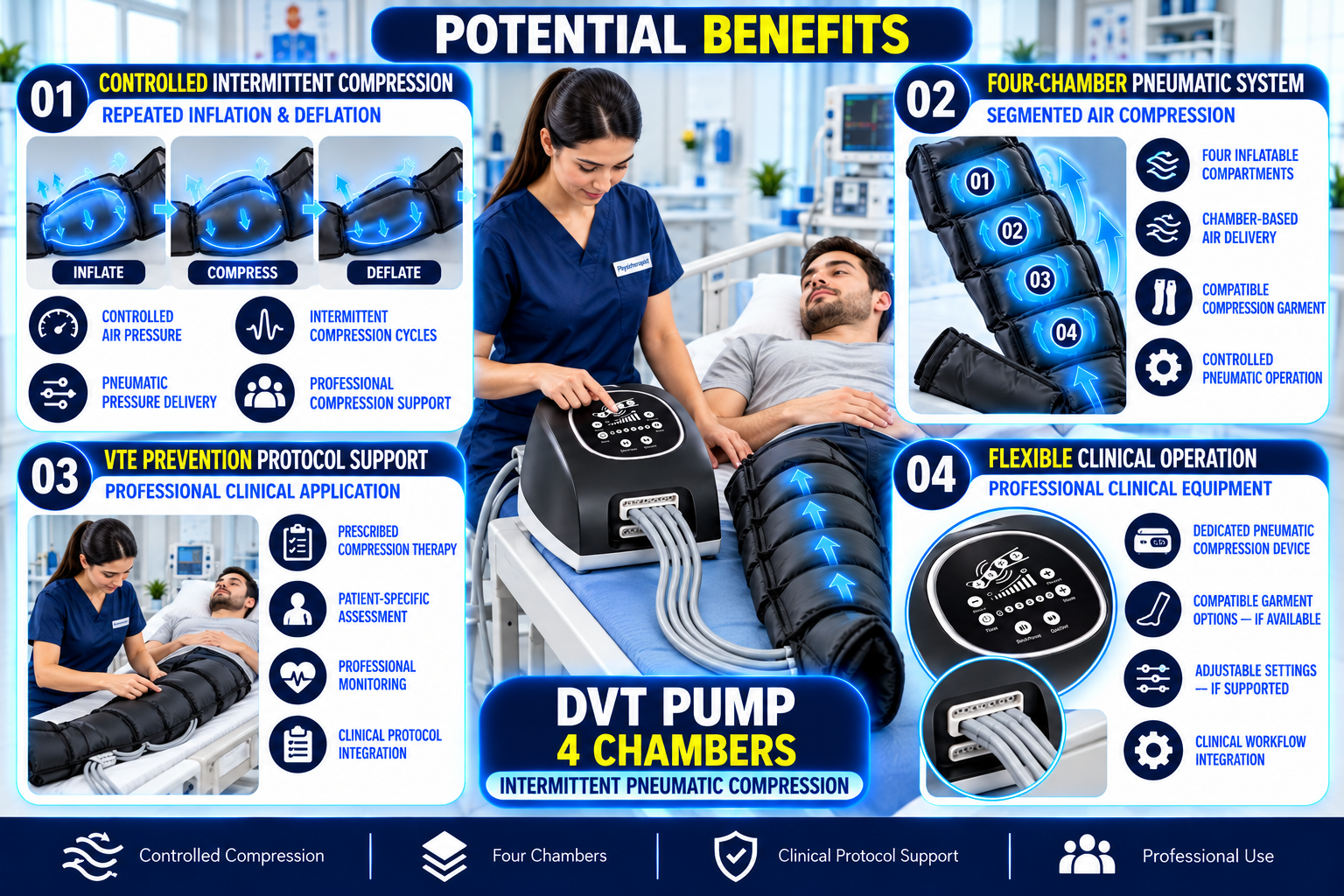 DVT Pump 4 Chambers Compression Therapy Device DVT Pump 4-Chamber Compression Therapy Device showing intermittent pneumatic compression, sequential inflation and deflation, four-chamber leg sleeve design, electronic controls, and professional clinical application.