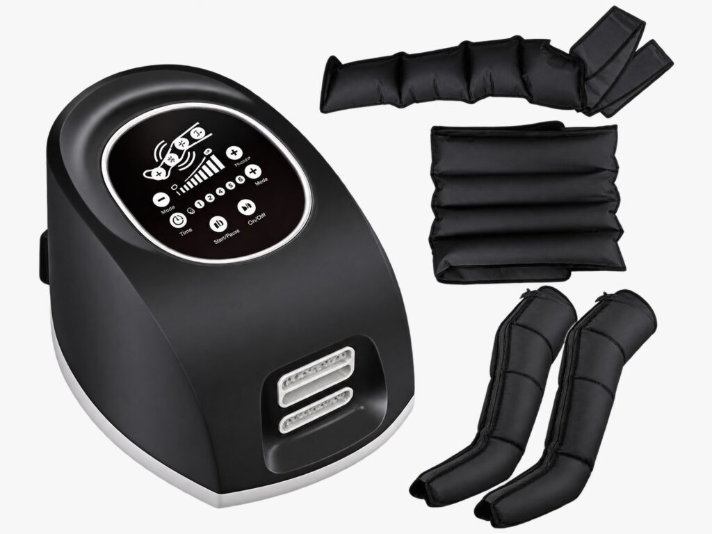 DVT Pump 4 Chambers Compression Therapy Device DVT Pump 4 Chambers Compression Therapy Device with digital control panel, adjustable pressure settings, and inflatable leg compression sleeves for clinical use.