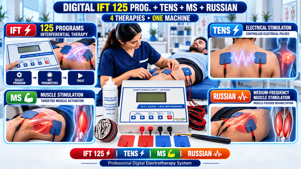 Digital IFT 125 program physiotherapy machine combining IFT, TENS, muscle stimulation, and Russian current therapy with electrode accessories and LCD controls.