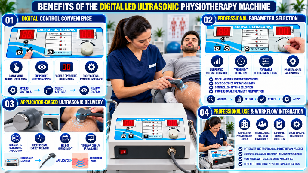 Benefits of the Digital LED Ultrasonic Physiotherapy Machine, featuring digital controls, LED timer and intensity displays, adjustable treatment settings, an ultrasonic applicator, and professional clinical use.