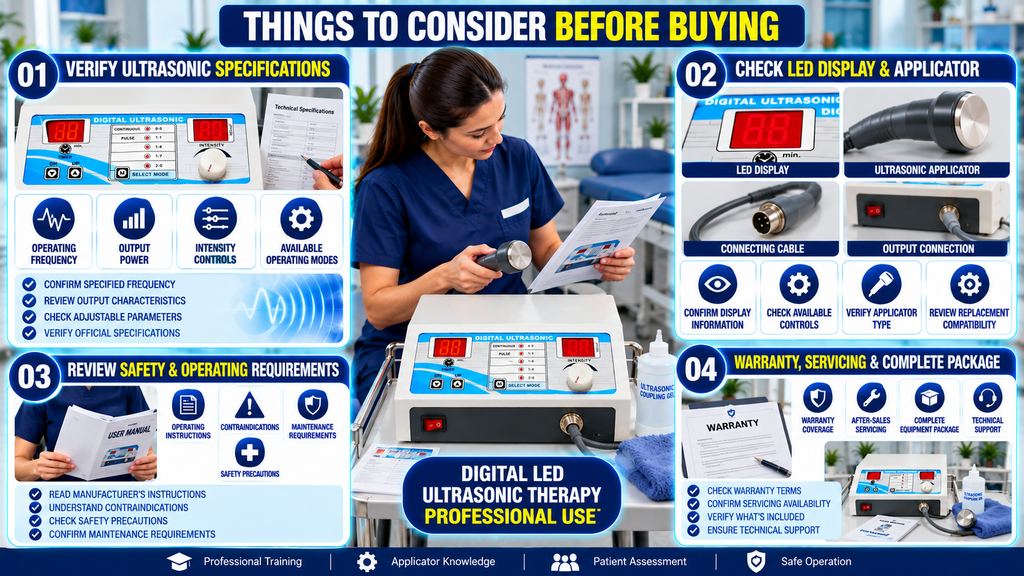 Things to consider before buying a Digital LED Ultrasonic Physiotherapy Machine, including ultrasonic specifications, LED display, applicator compatibility, connecting cable, safety requirements, warranty, servicing, and technical support.