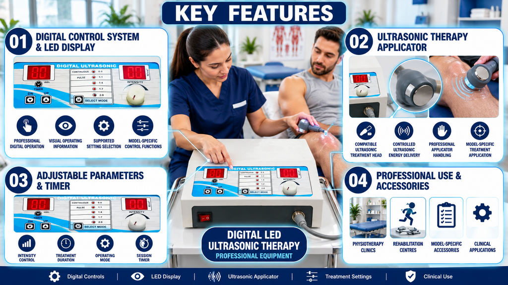 Digital LED Ultrasonic Physiotherapy Machine featuring digital timer and intensity displays, selectable continuous and pulsed modes, adjustable intensity control, and an ultrasonic therapy applicator.
