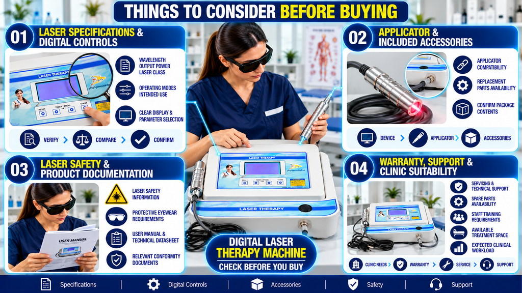 Digital Laser Therapy Machine Digital laser therapy machine buying guide infographic covering laser specifications, digital controls, wavelength, output power, laser class, applicator compatibility, included accessories, safety documentation, warranty, technical support, and clinic suitability.